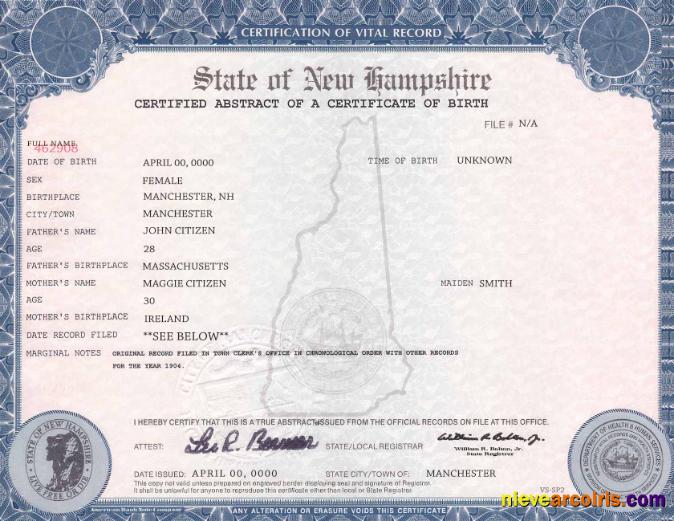 USA New Hampshire birth certificate